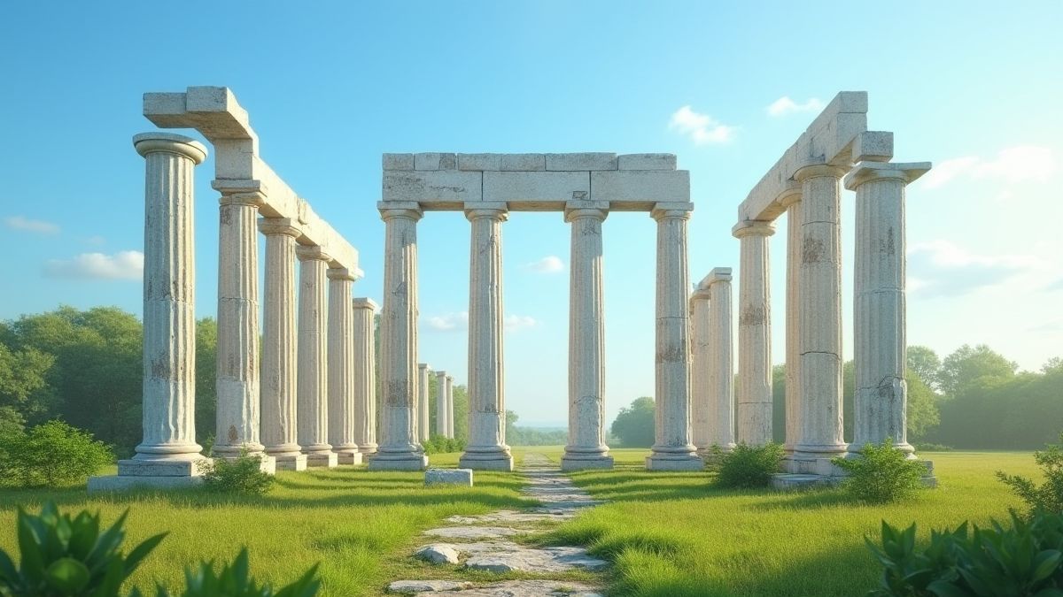 Columnas romanas rodeadas de campos verdes.
