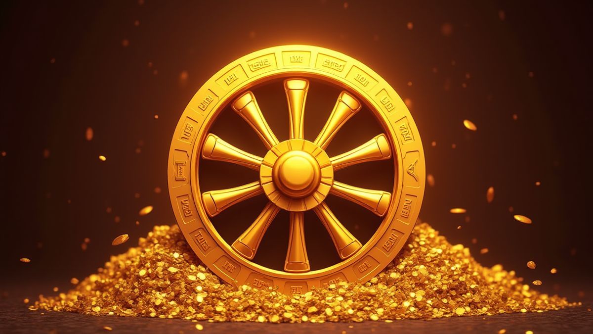 Rueda dorada con símbolos romanos y tesoros.
