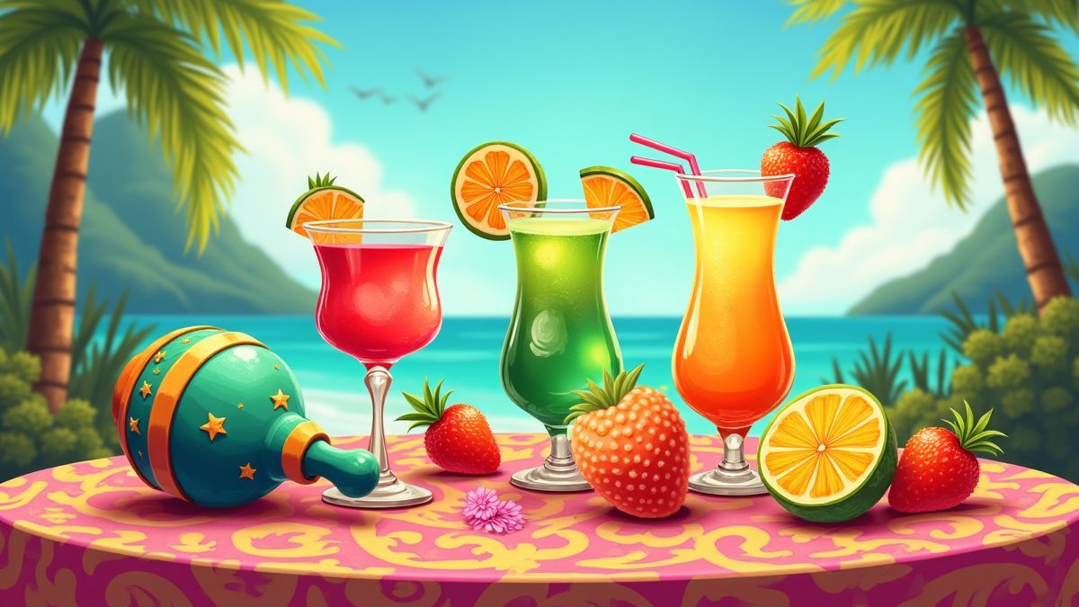 Maracas colorées et cocktails tropicaux sur une table festive.