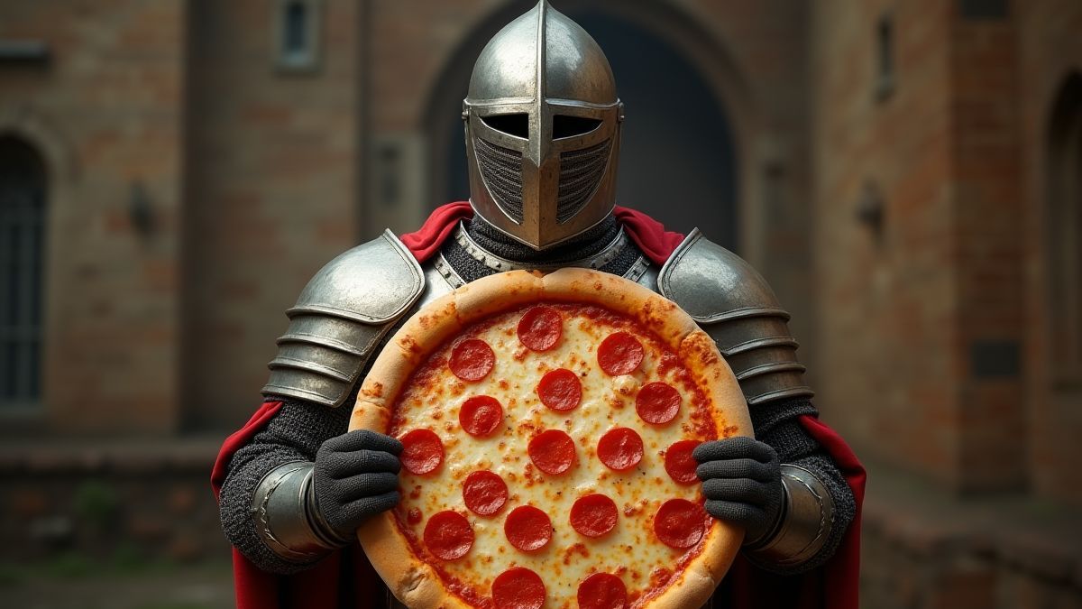 Mittelalterlicher Ritter mit einem Pizzaschutzschild.