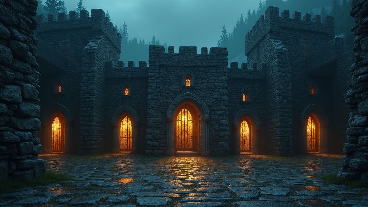 Mittelalterliches Schloss mit geheimnisvollen Türen.