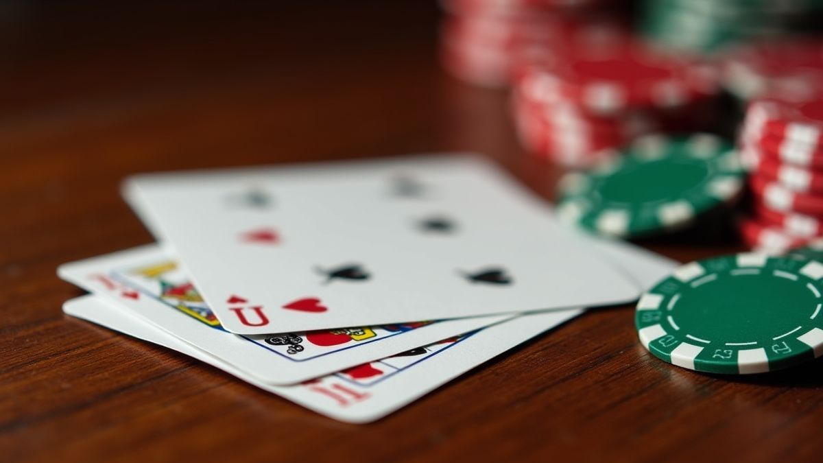 Poker cards and chips on a casino table.