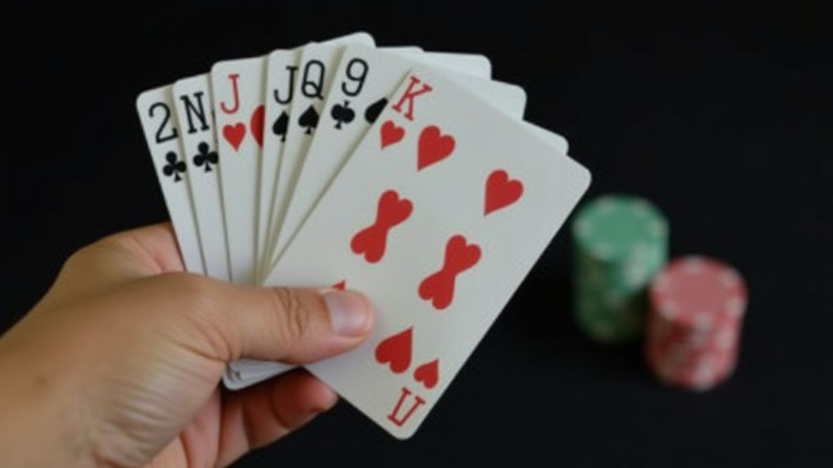 Hand holding poker cards with chips in the background.