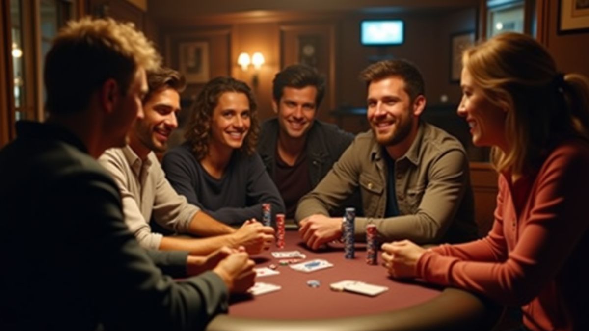 Friends playing poker in a cozy atmosphere.