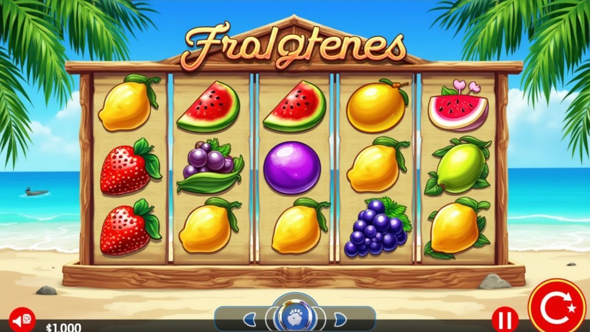 Rouleaux de machine à sous avec des fruits tropicaux sur un fond de plage.