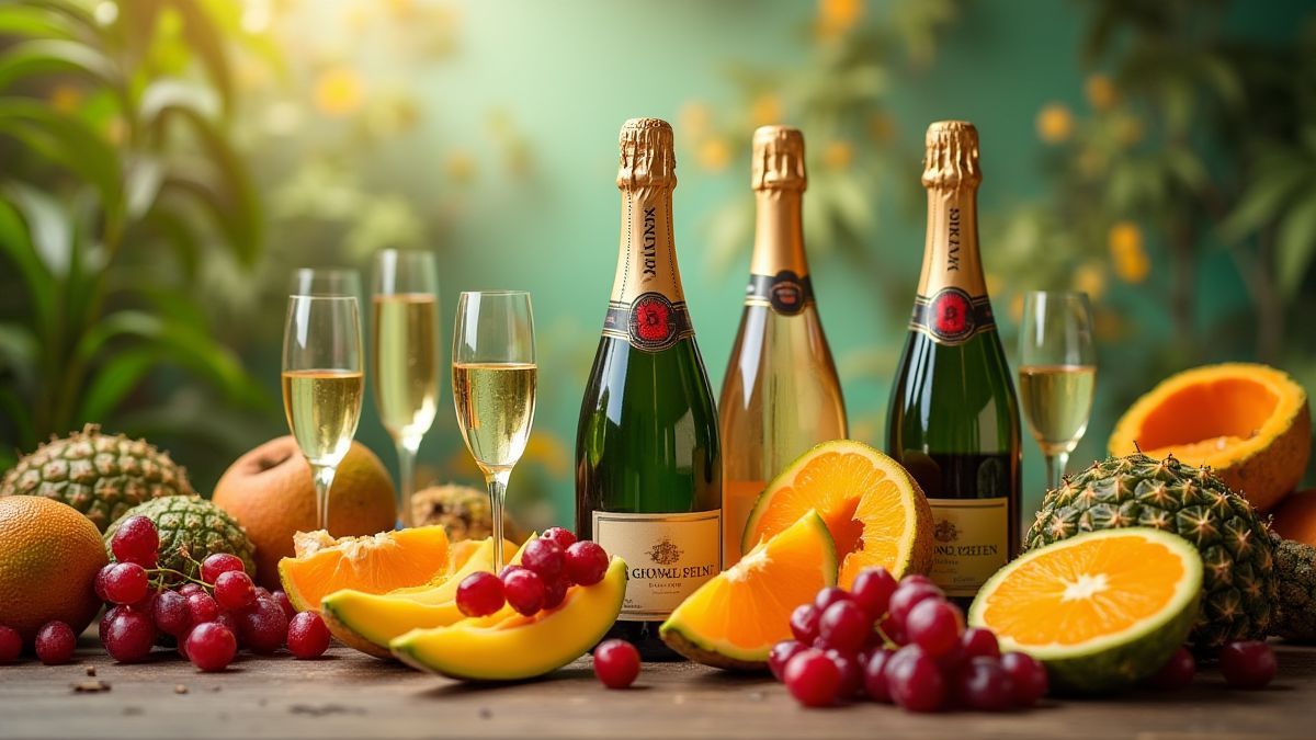 Table festive avec des bouteilles de champagne et des fruits tropicaux.