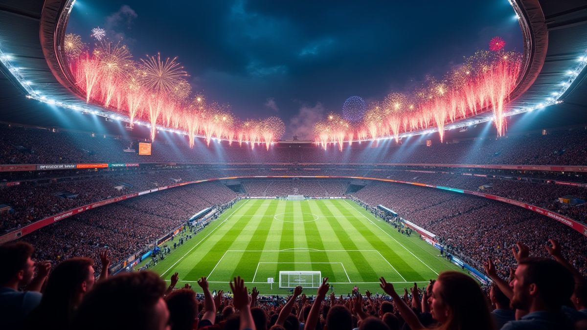 Een levendig voetbalstadion met fans die aanmoedigen en vuurwerk dat de nachtelijke lucht verlicht.