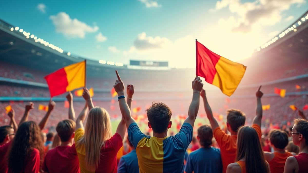 Voetbalfans die vlaggen zwaaien in een levendig stadion.
