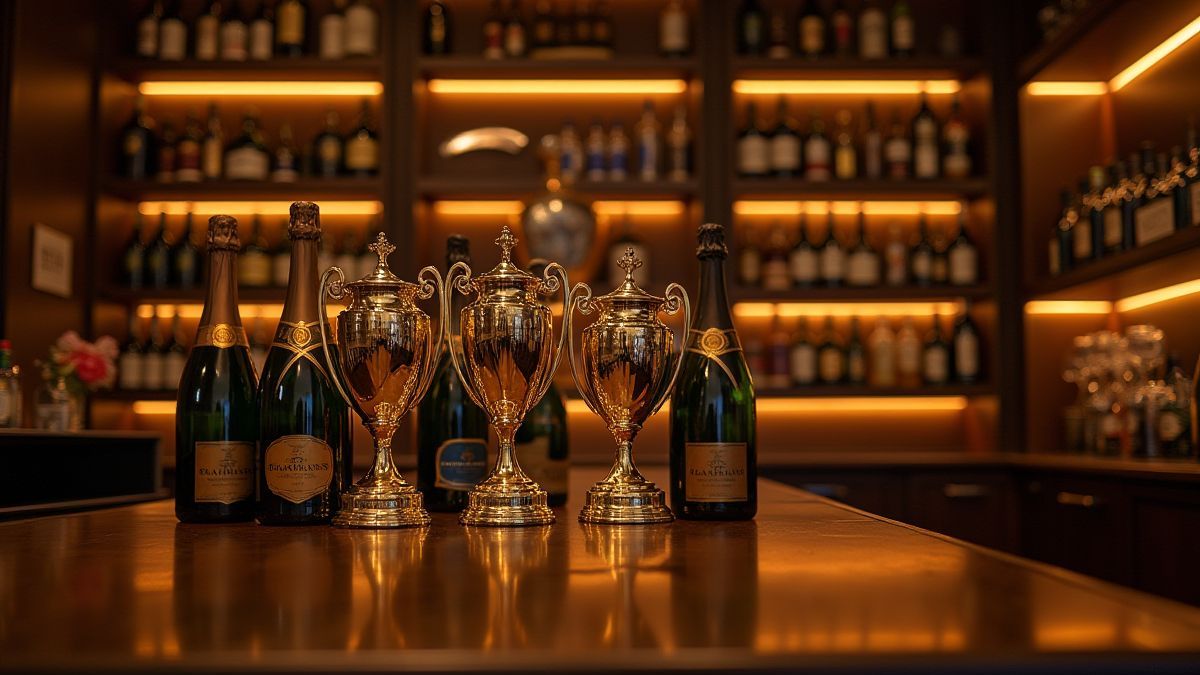 Un club deportivo elegante con trofeos dorados y botellas de champán.