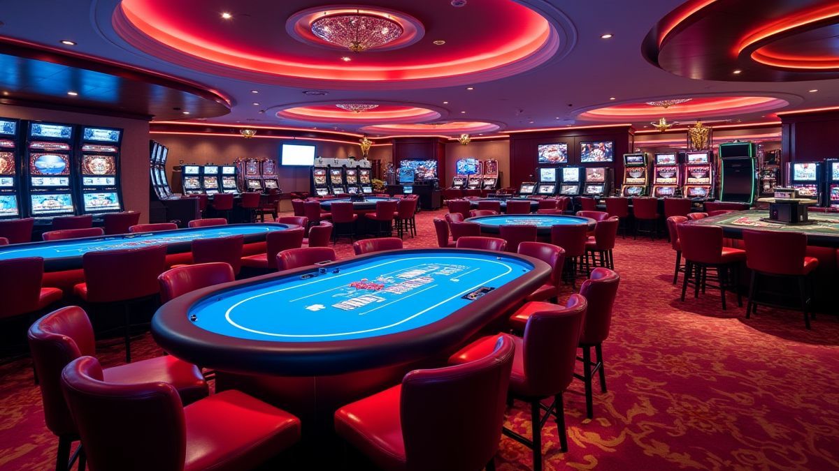 Una sala de casino lujosa con mesas brillantes y un ambiente deportivo elegante.