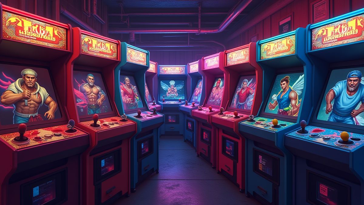 Máquina arcade retro con personajes de videojuegos de lucha.