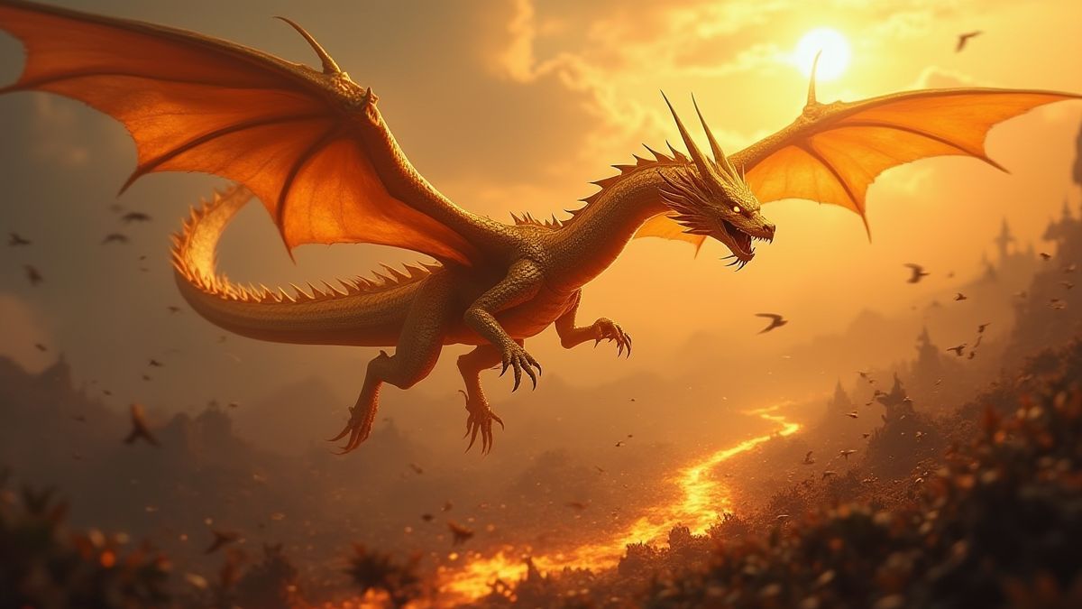 Dragón dorado volando sobre un campo de batalla dejando huellas brillantes.