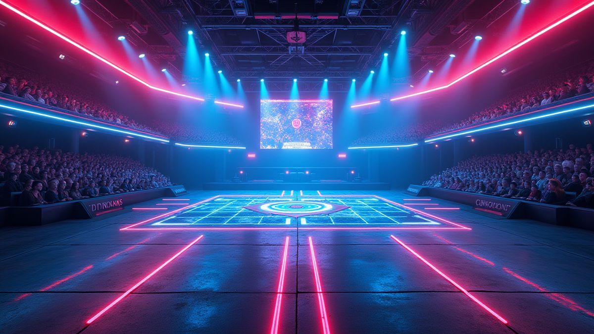 Arena de combate futurista con luces de neón y pantallas holográficas.