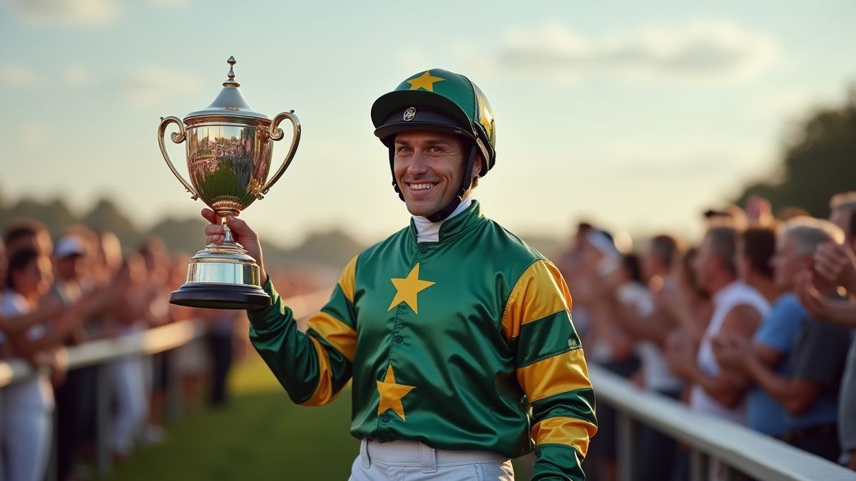 Jockey segurando um troféu em frente a espectadores em um hipódromo.