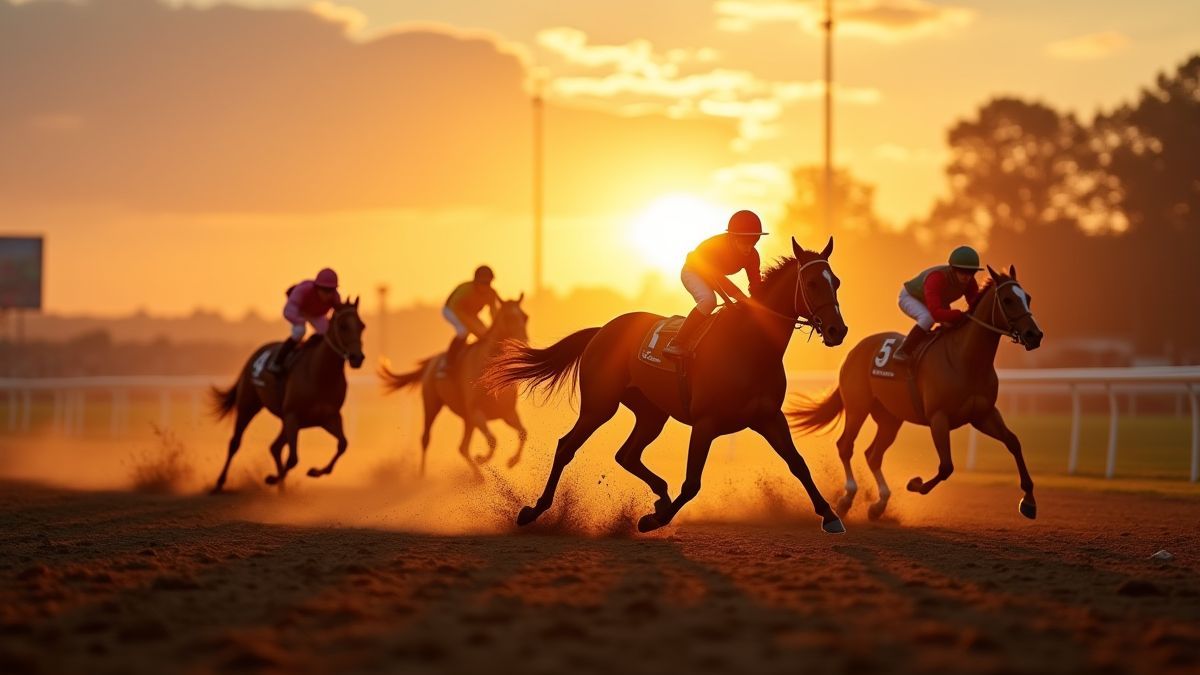 Cavalos treinando em uma pista de corridas ao pôr do sol.