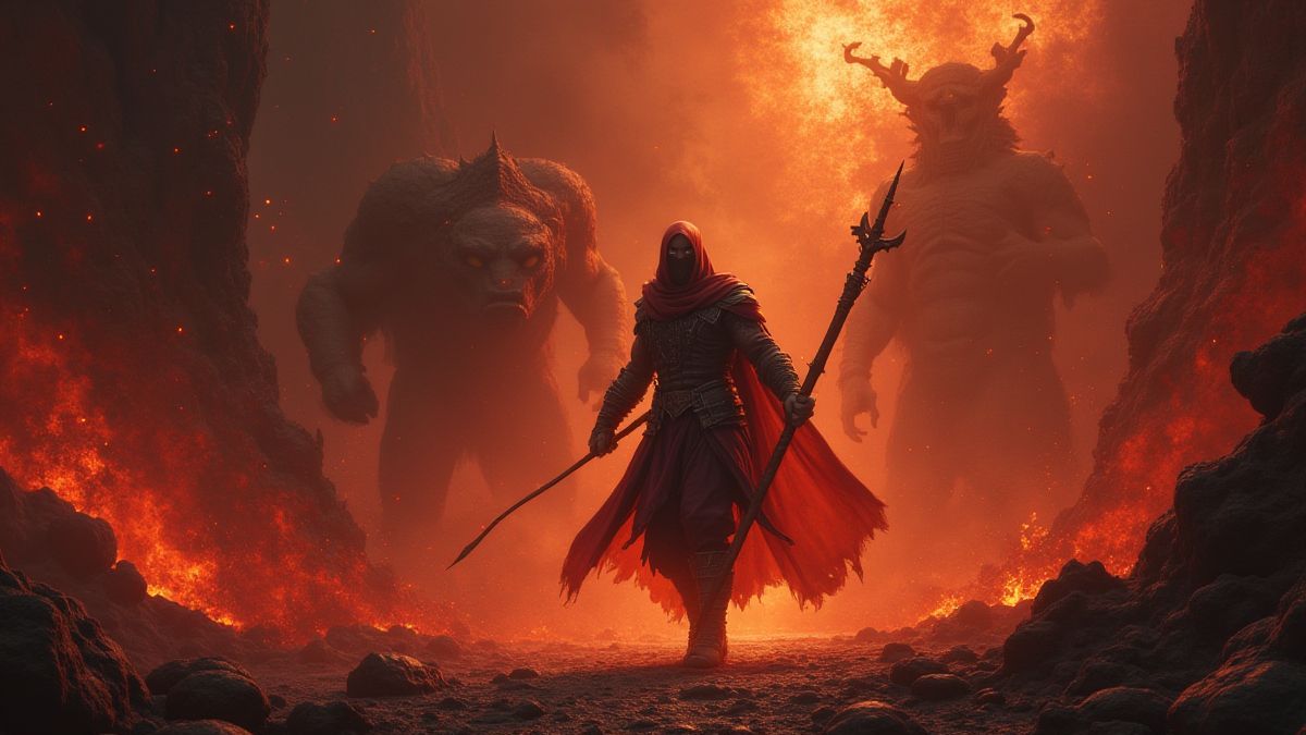 Guerreiro místico lutando contra criaturas escuras no submundo.