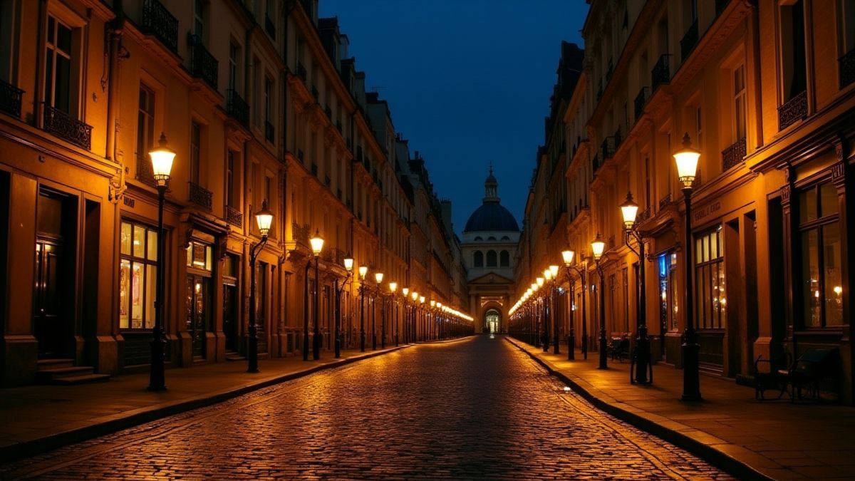 Calle parisina iluminada com faroles e caminhos empedrados.