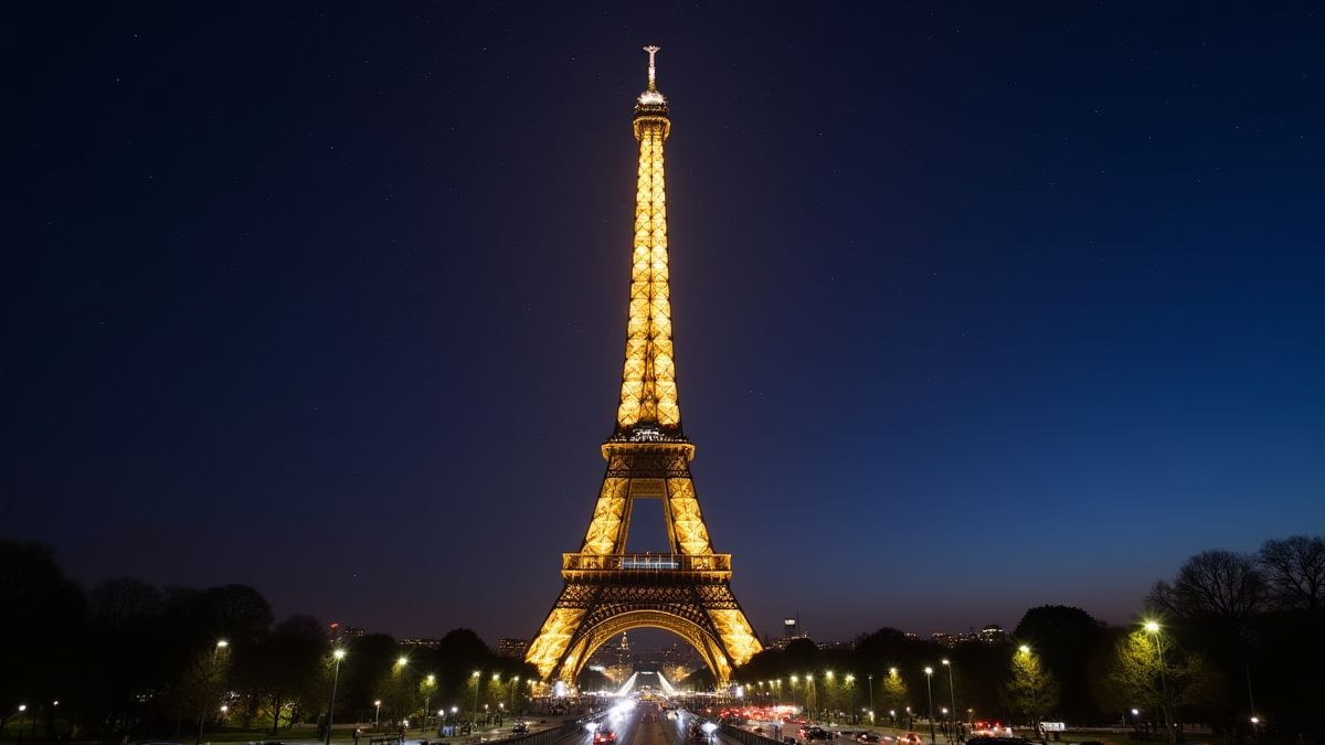 Vista da Torre Eiffel iluminada sob as estrelas.
