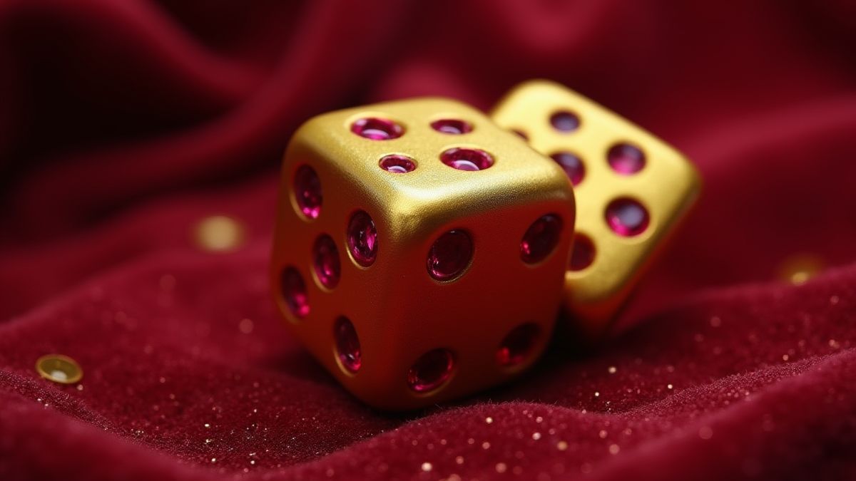 Gouden dobbelstenen met rubijnen details op een fluwelen achtergrond.