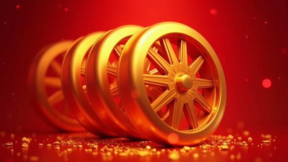 Gouden rollen draaien met een achtergrond van glanzende robijnen.