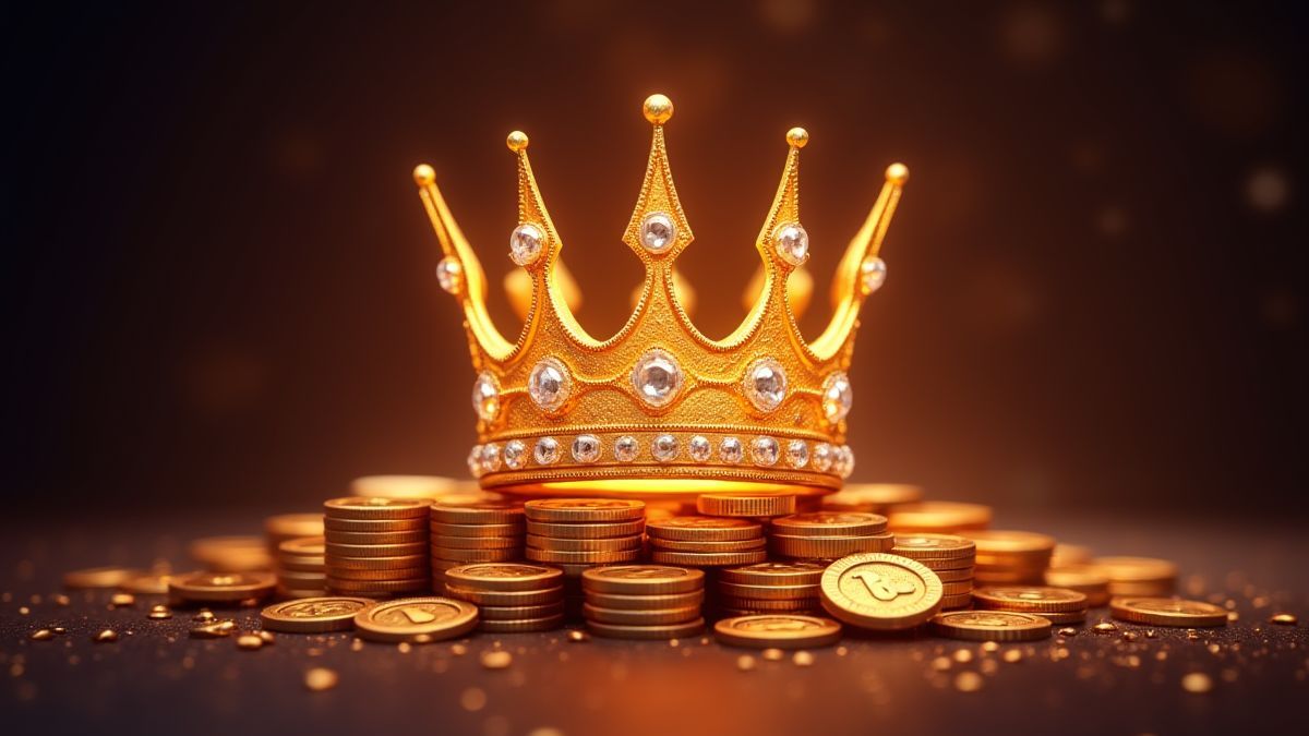 Eine glänzende Krone umgeben von Diamanten und Goldmünzen in einer luxuriösen Umgebung.