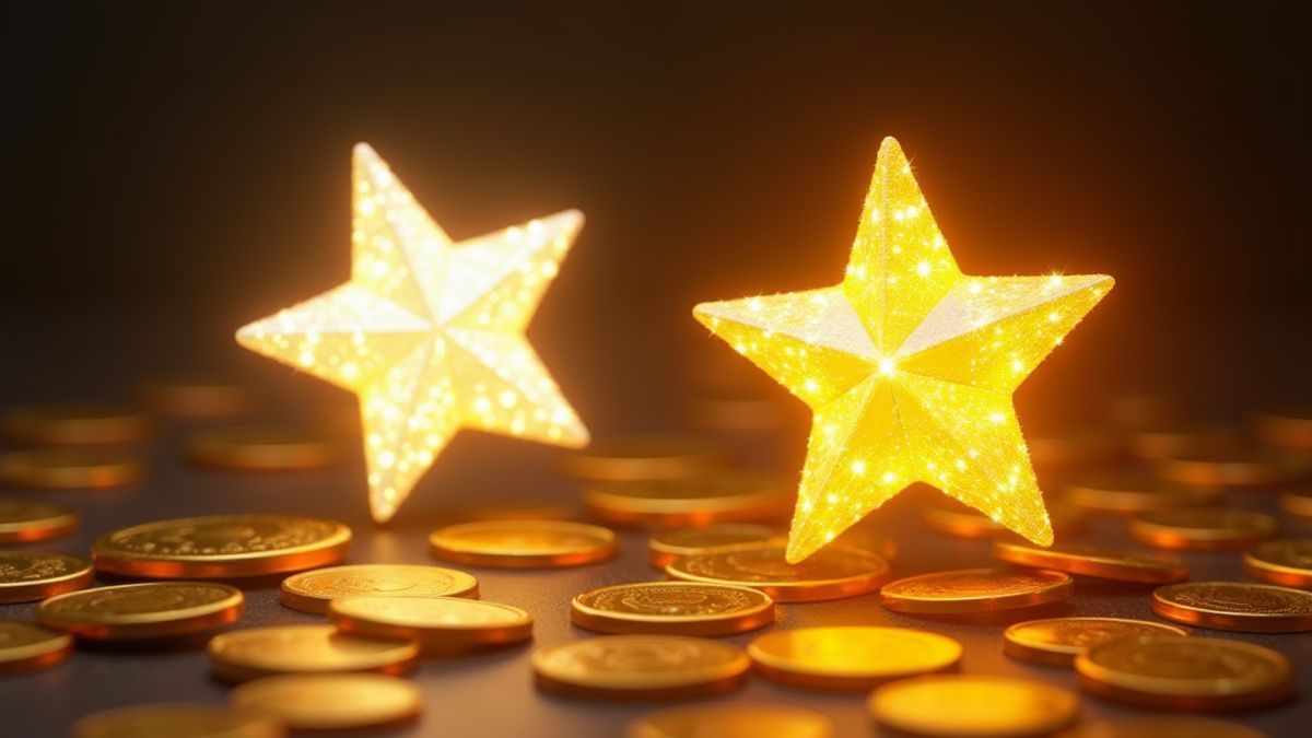Funkelnde Diamantsterne, einer weiß und einer gelb, zwischen Goldmünzen.