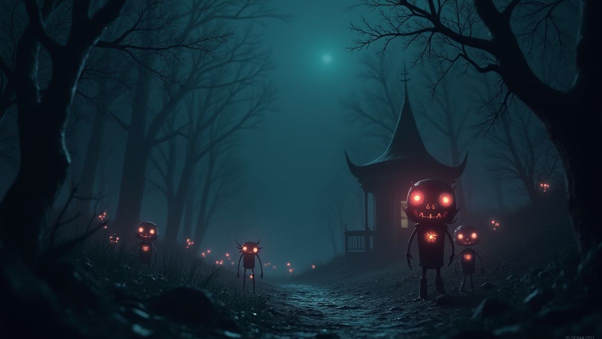 Spooky design with glowing symbols and unique characters.