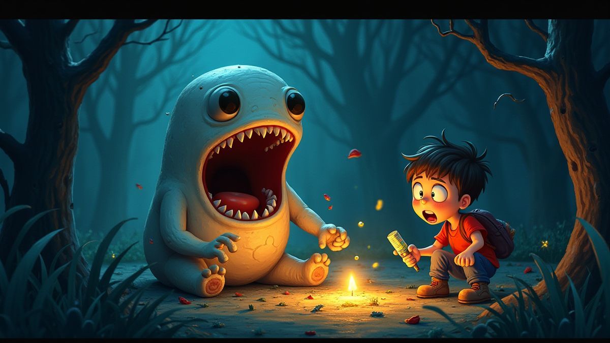 Characters interacting in a spooky environment.