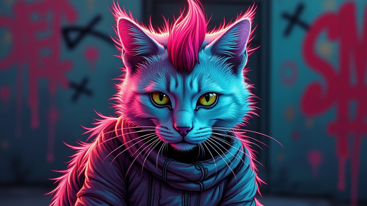 Un gato punk con cresta rodeado de grafitis de colores neón.