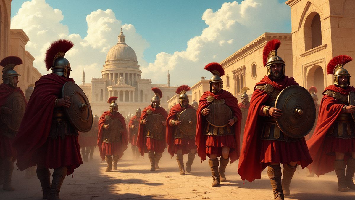 Soldados romanos marchando por uma cidade antiga.