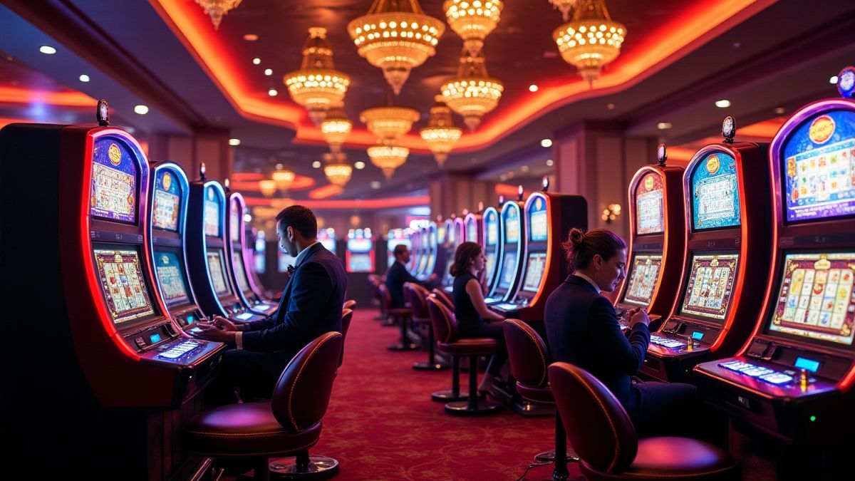 Um casino glamoroso com máquinas de slot brilhantes e jogadores elegantes.
