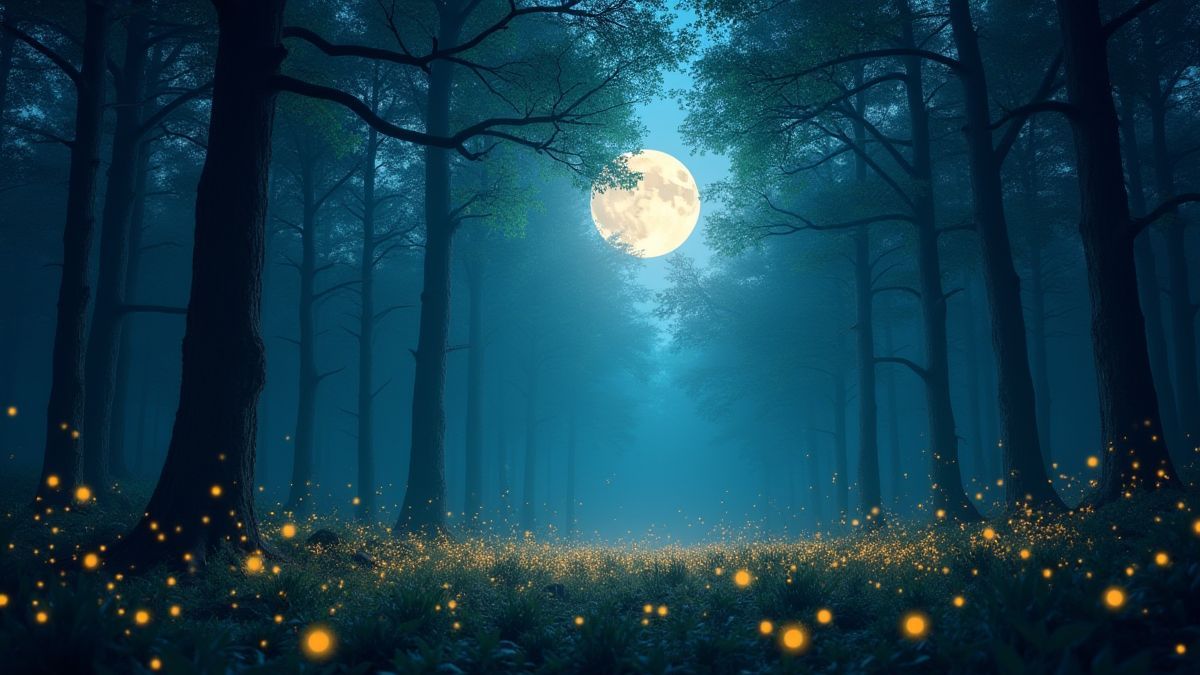 Bosque encantado de noche con luciérnagas brillantes y luna llena.