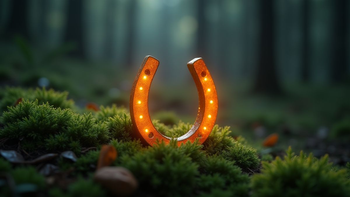 A glowing horseshoe on moss in a magical forest.