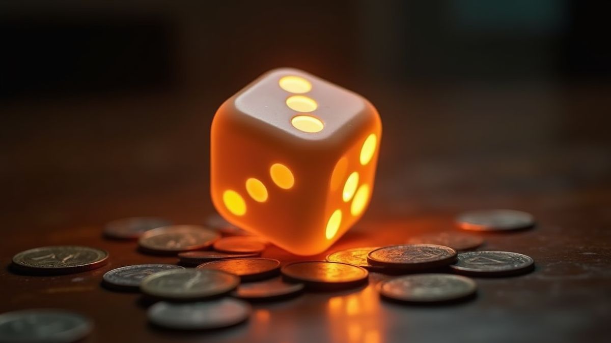 A glowing die rolling on a wooden table surrounded by coins.