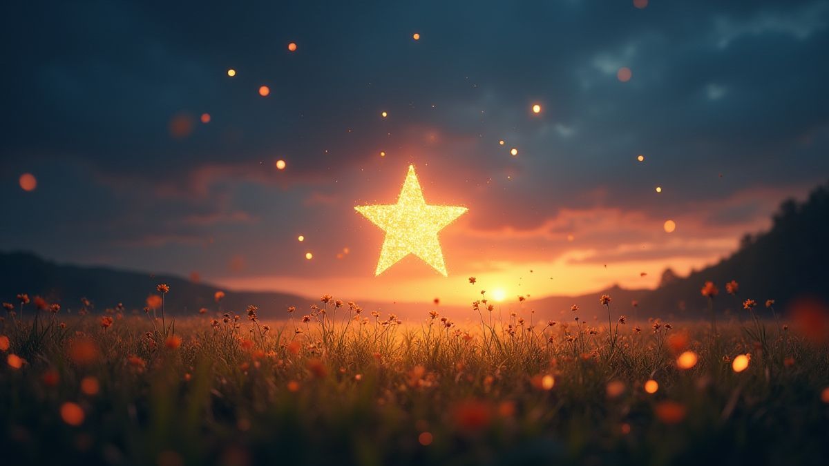 A glowing star floating in a magical meadow at dusk.