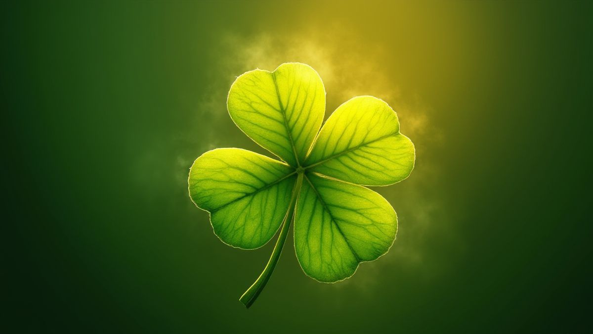 Trevo de quatro folhas brilhante sobre um fundo dourado.