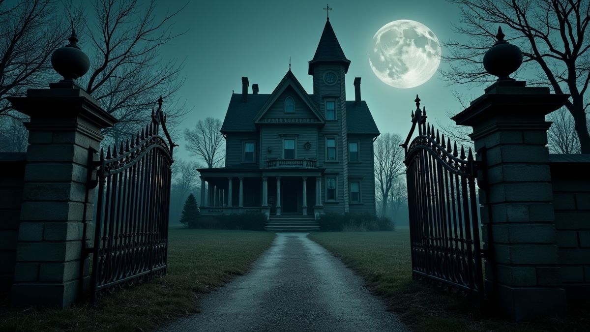 Uma mansão assombrada com uma lua cheia ao fundo.