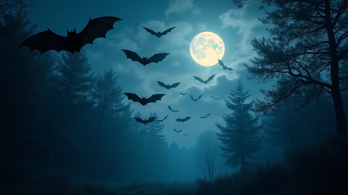 Uma bandada de morcegos voando sob a luz da lua.