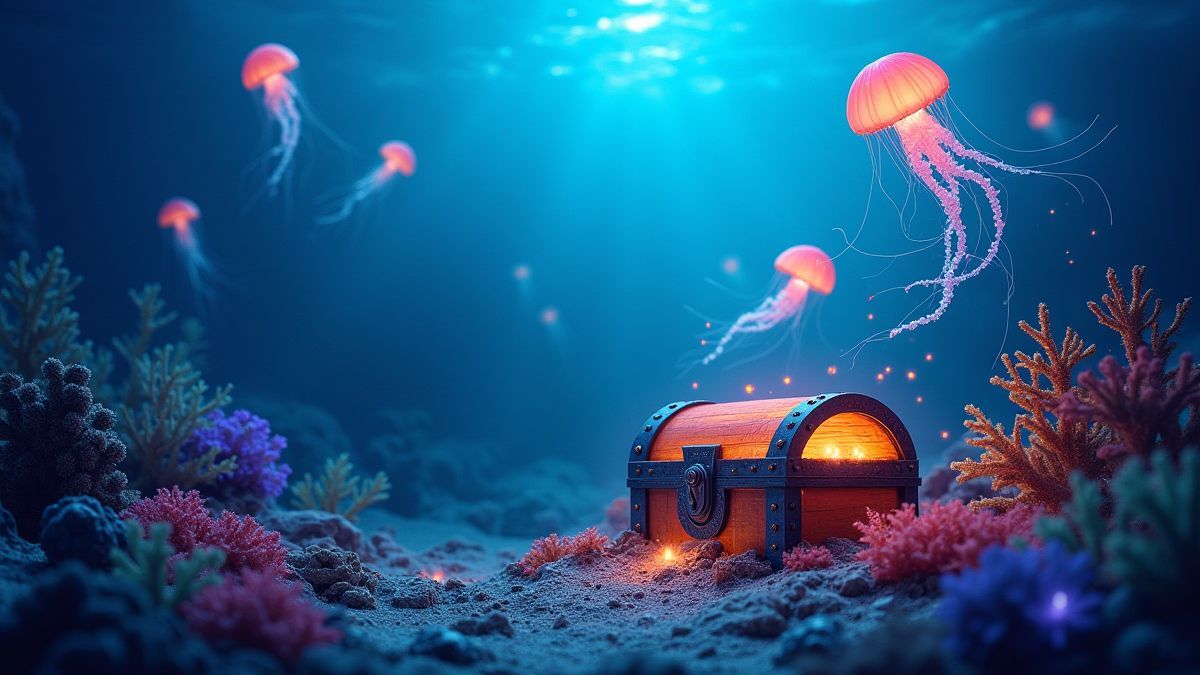Underwater treasure chest surrounded by jellyfish and corals.