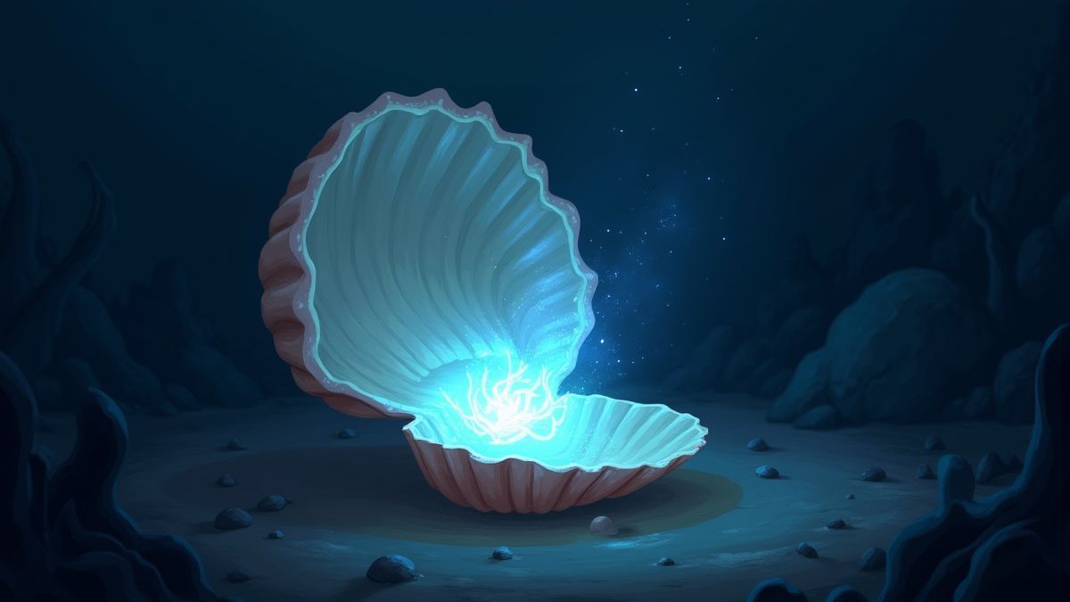 Magical shell glowing in a dark underwater setting.