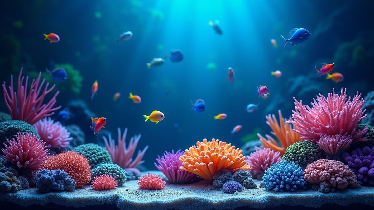 Vibrant coral reef with fish and glowing underwater plants.