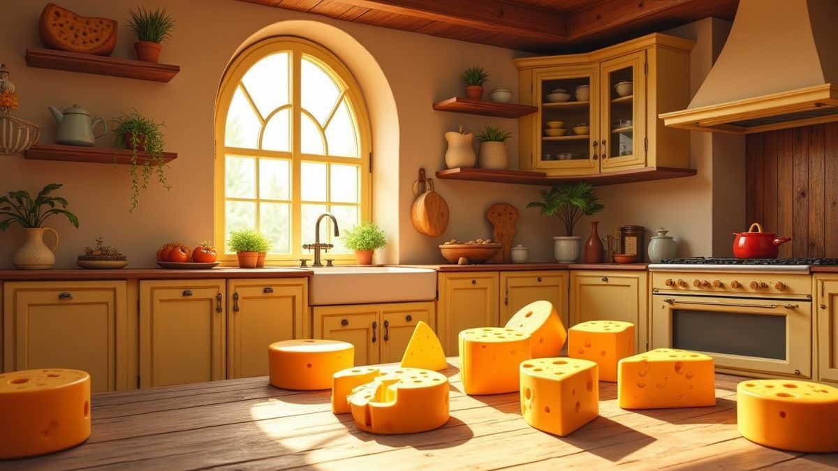 A kitchen full of cheese and mouse holes.