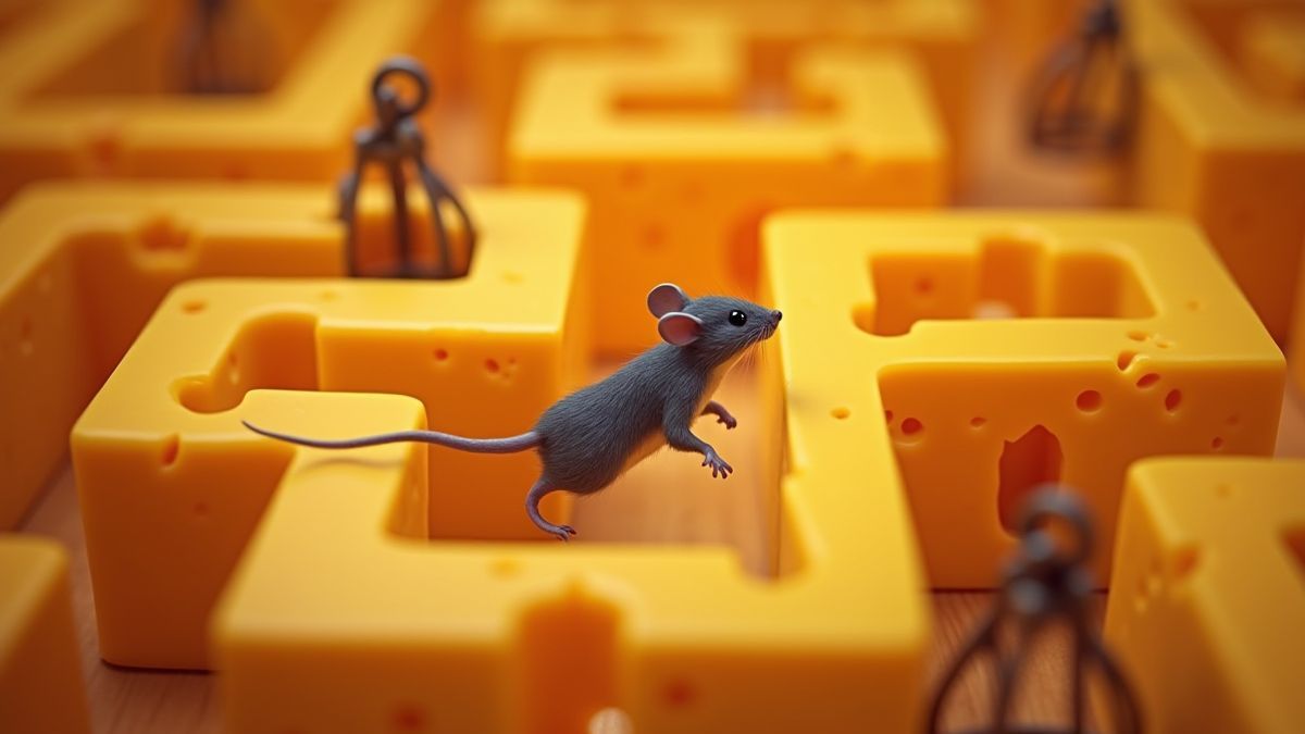 A mouse running in a maze filled with cheese and traps.