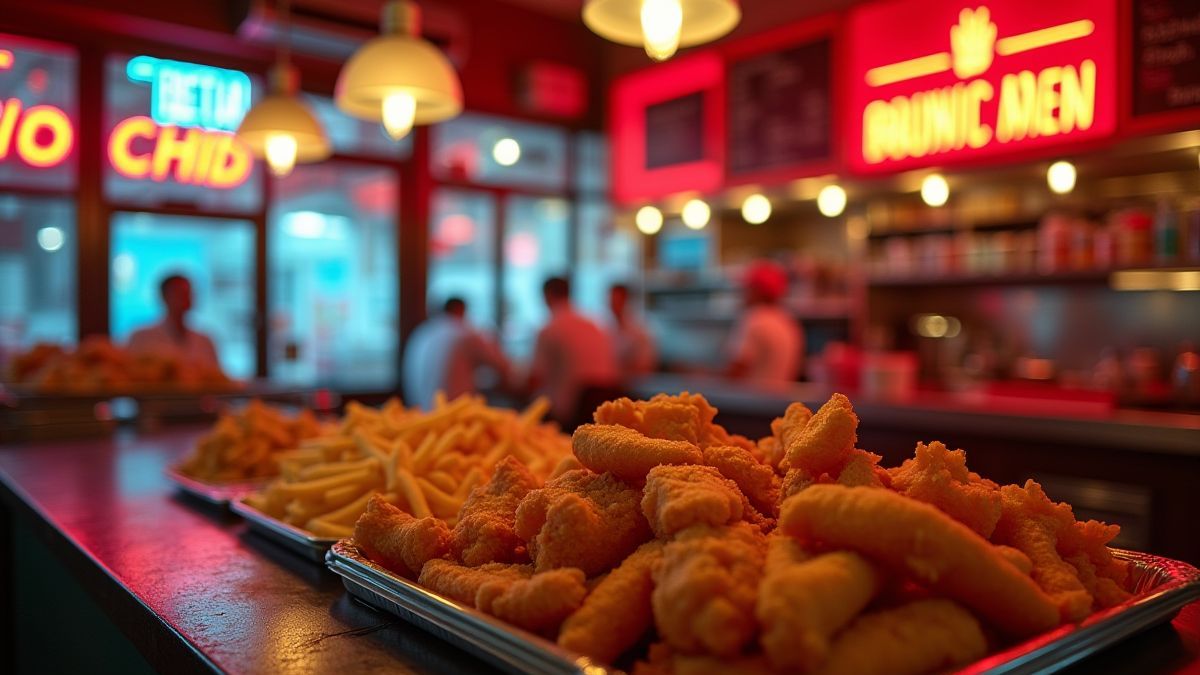 Interior de un chip shop británico lleno de color.