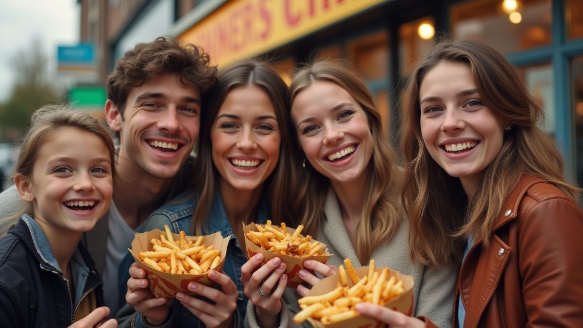 Personas disfrutando de comida frente a un chip shop británico.