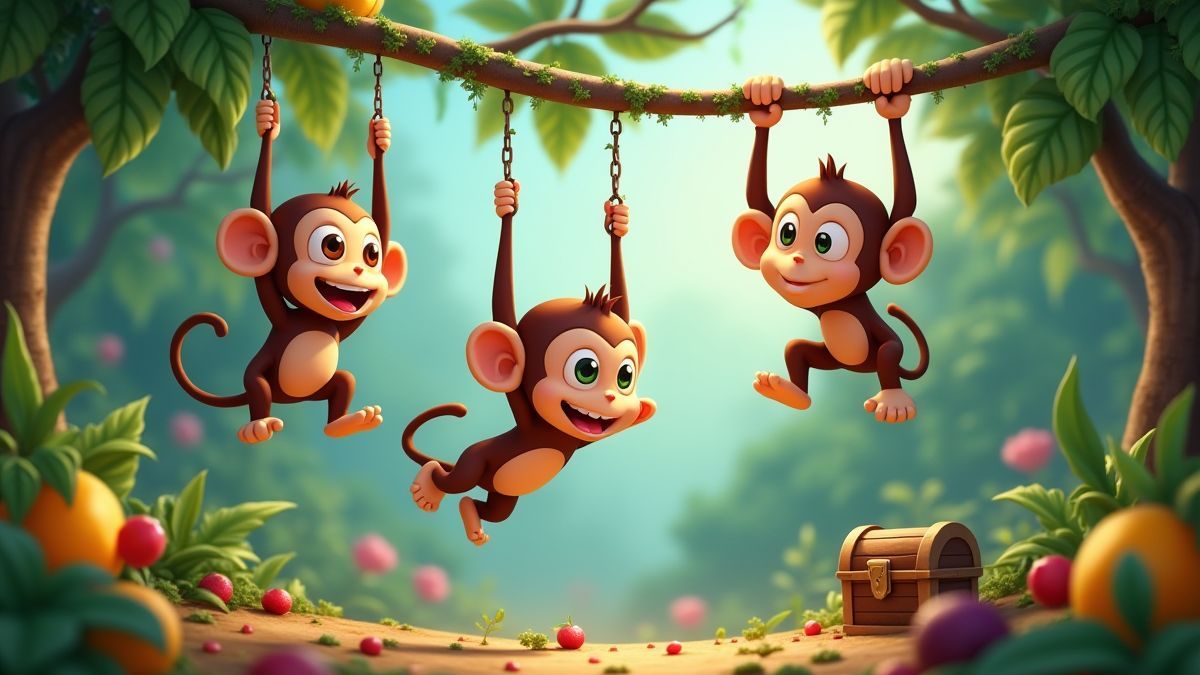 Singes balancé sur des lianes entourés de fruits et de coffres au trésor.