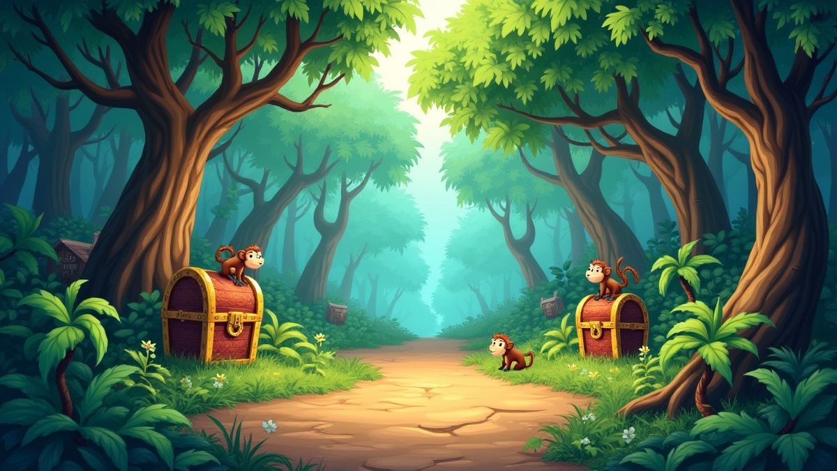 Jungle colorée avec des singes et des coffres au trésor cachés.
