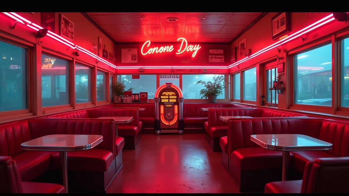 Interior de um diner com luzes de néon e jukebox.