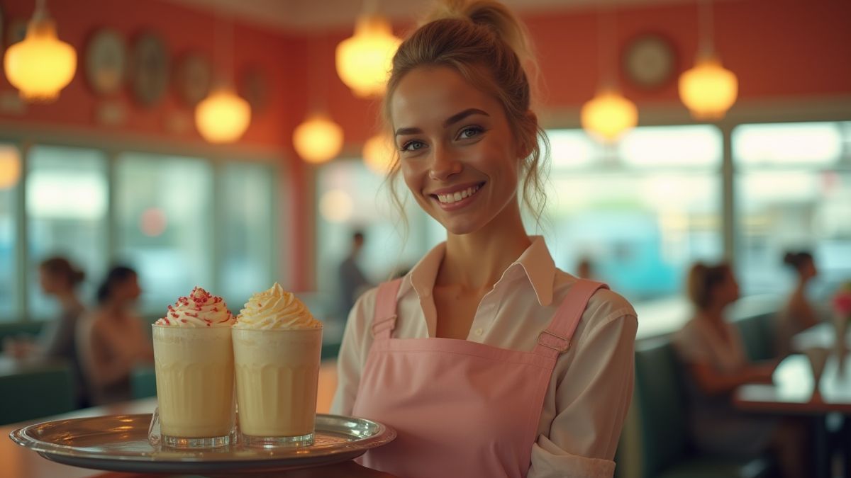 Garçonete com bandeja de milkshakes em um diner retrô.