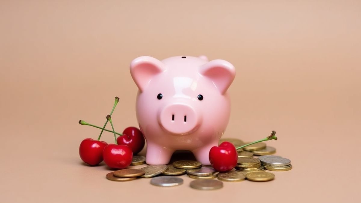 Hucha rodeada de monedas y cerezas.